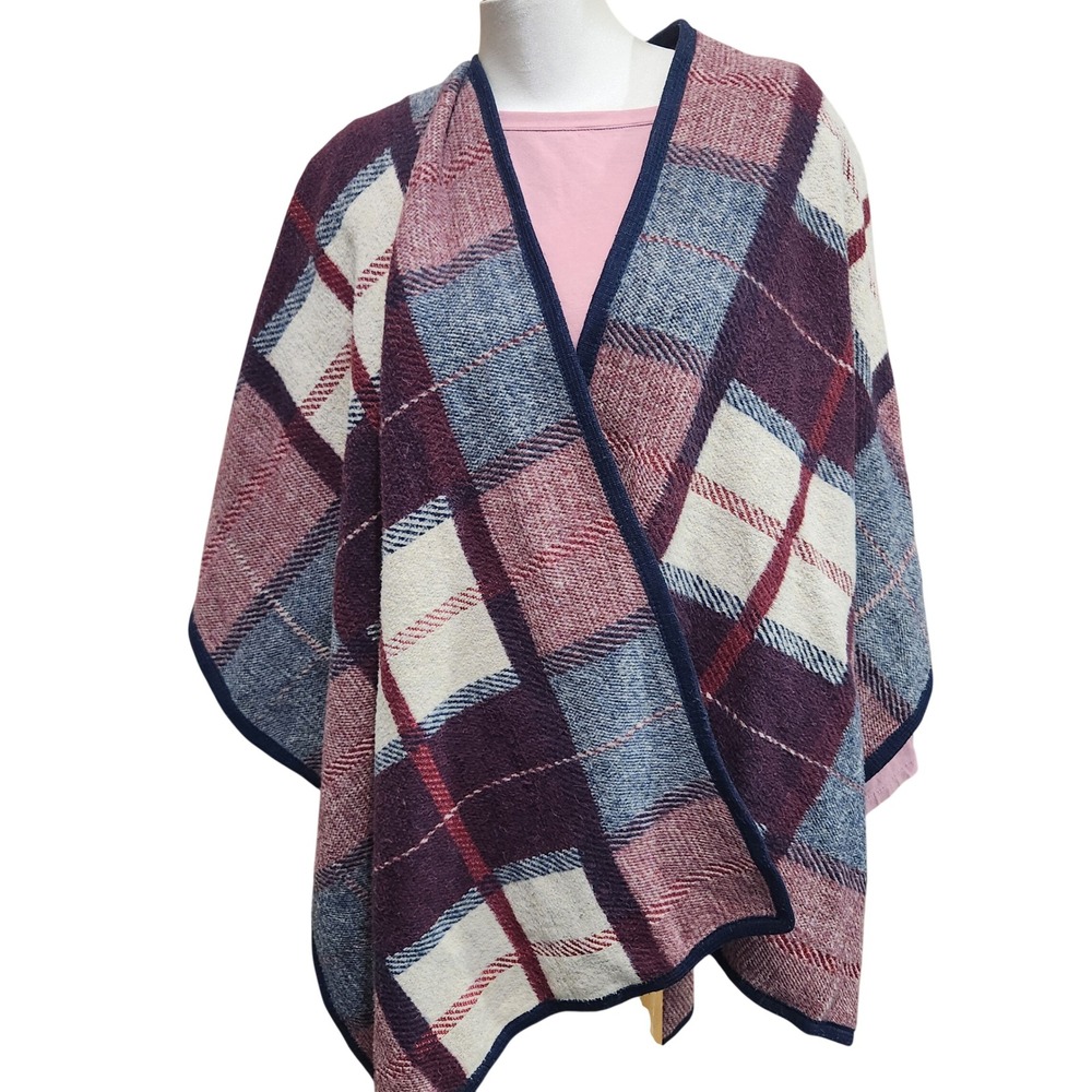 Womens Plaid Poncho Wrap Cape Scarf Navy Burgundy Cream all sizes
